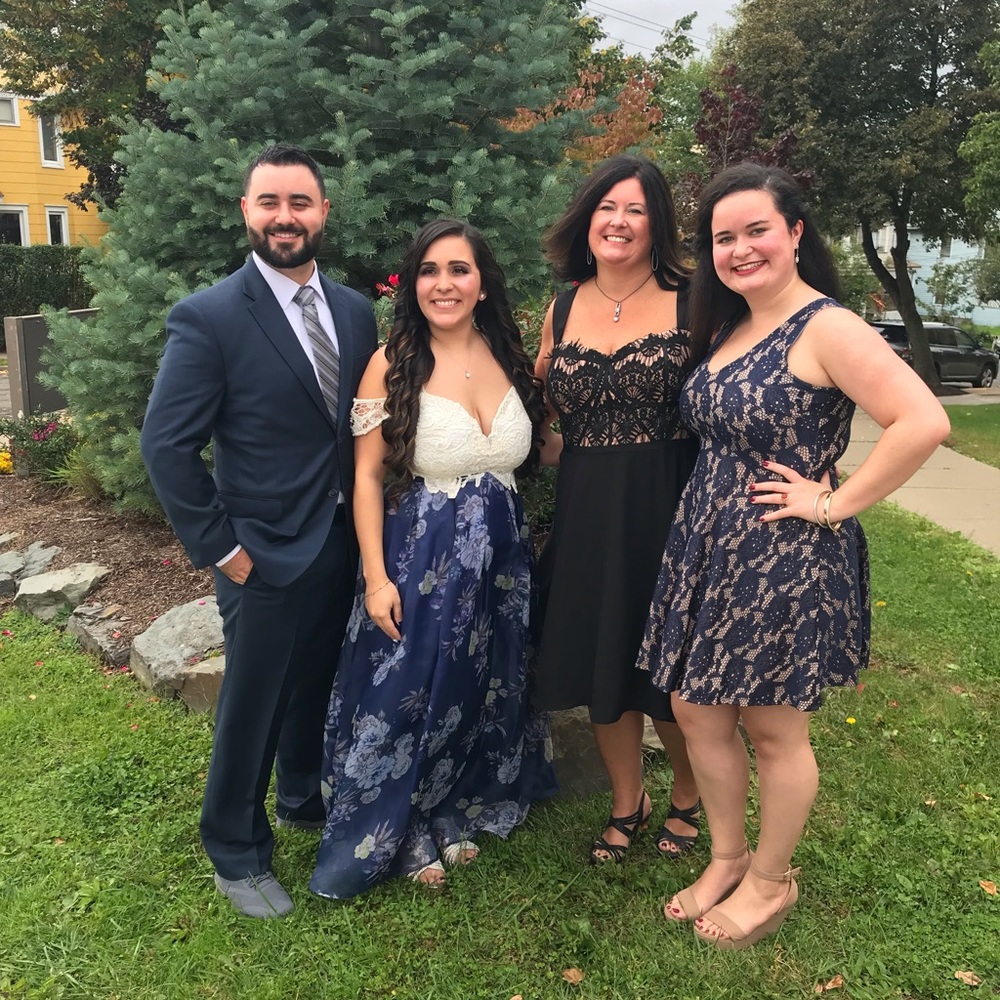 Dress for wedding, white top with blue floral